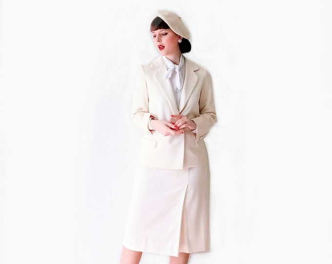 Vintage 80s suit T38/40 cream 40s style // Vintage 1980's does 40's M/L cream skirt suit