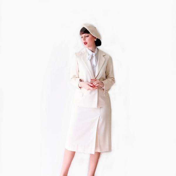 Tailleur vintage années 80 T38/40 crème style années 40 // Vintage 1980's does 40's M/L cream skirt suit
