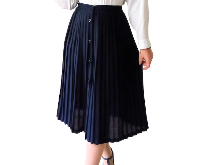 Retro Navy Pleated Midi Skirt - Made in France - Vintage 70's - 40's 50's Style - M/L