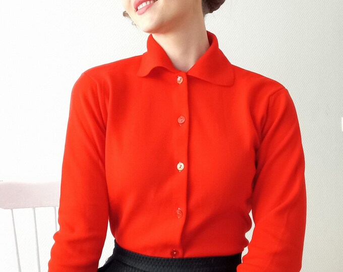 Vintage 1960's deadstock red vest with collar// Vintage 1960's deadstock red cardigan with collar