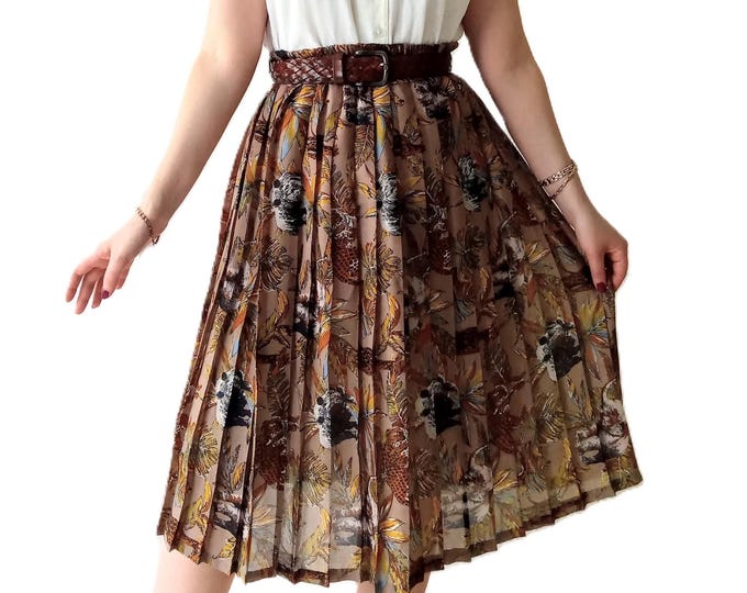 Animal Print Pleated Midi Skirt – 50s Retro Pin-Up Style – Made in France – 80s Vintage – Size M to XXL