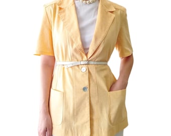 Yellow Short Sleeves Blazer for Women - Vintage 90s - Classic, Minimalist Style - XXL
