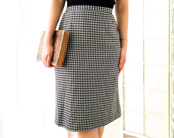 Jupe tweed pied de poule vintage années 80 taille haute midi L 40