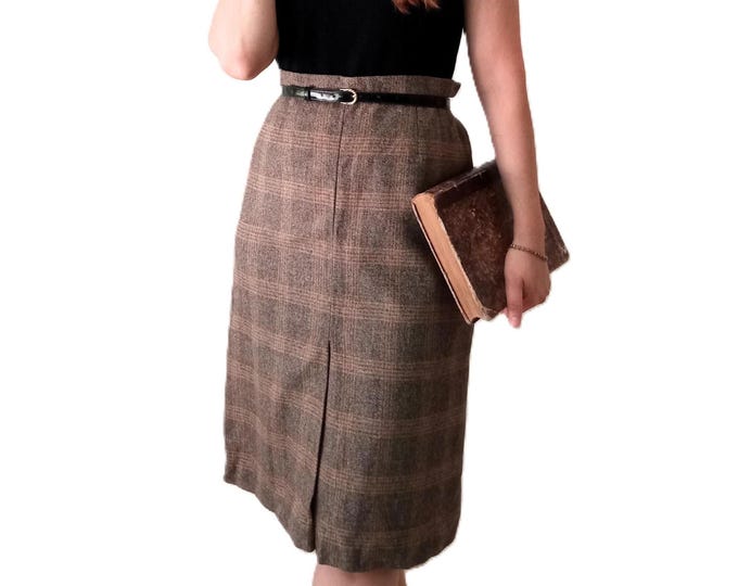 Vintage 1960s Brown Tartan Skirt - Wool - Knee Length - Handmade - Retro Rockabilly Style - XL