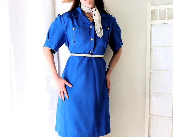 Robe grande taille 80s style années 40 vintage bleue rayures fabriquée en France style militaire rétro chic XXL/XXXL (44/46)