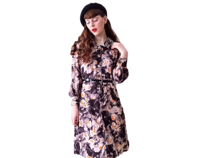 Robe vintage années 70 manches longues floral marron beige style années 40 reconstitution ww2 T40