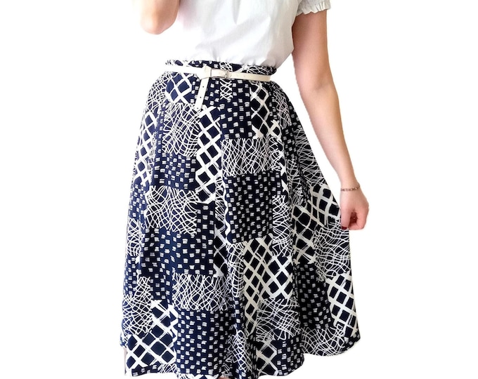 Plus Size Midi Retro Skirt – Graphic Pattern – Navy Blue – Cottage Style – 80s Vintage – XL to 5X Large