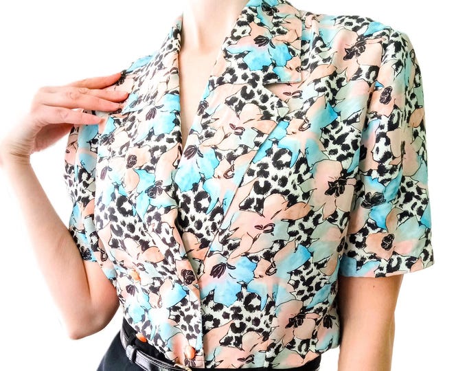 Chemisier Blazer Vintage 80s - Imprimé Léopard Arty & Fleurs - Double Boutonnage - T40/42 (L/XL)