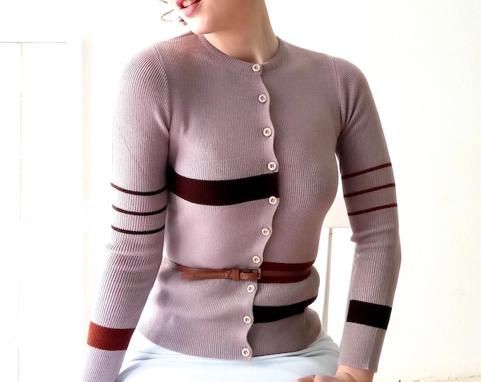Gilet vintage années 60 color-block bicolore style mondrian beige marron rétro classique pinup sixties T36/38