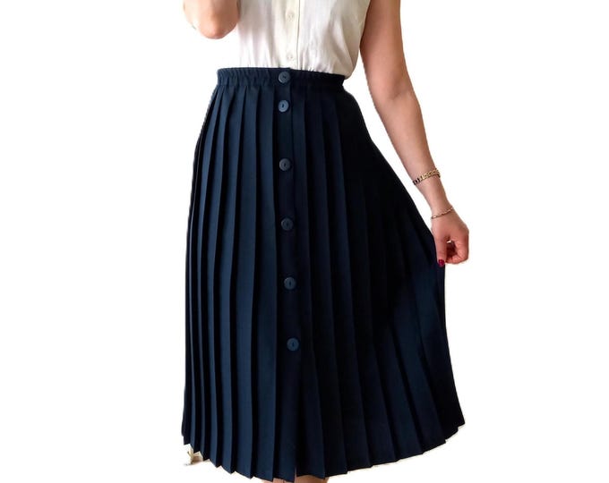 Navy Blue Pleated Midi Skirt – Large Size – 1950s Pin-Up Retro Style – Vintage 80s – Classic & Minimalist - One size