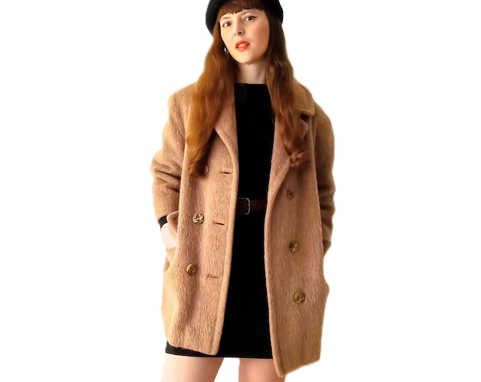 Manteau Caban Camel Beige Vintage Années 70 - Pure Laine - Doublure rembourrée - L/XL (40/42)