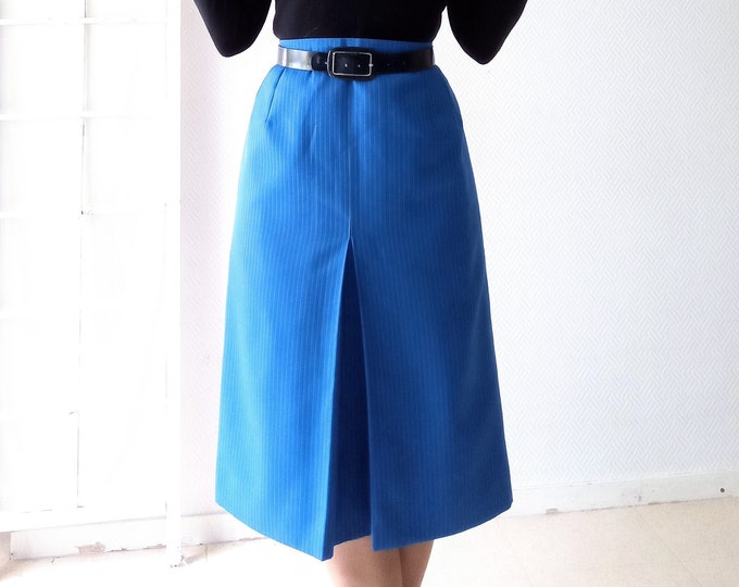 Vintage 80s skirt T40 royal blue stripes with hollow pleats 40s style// Vintage 1980's does 40s L stripe blue hollow pleated skirt