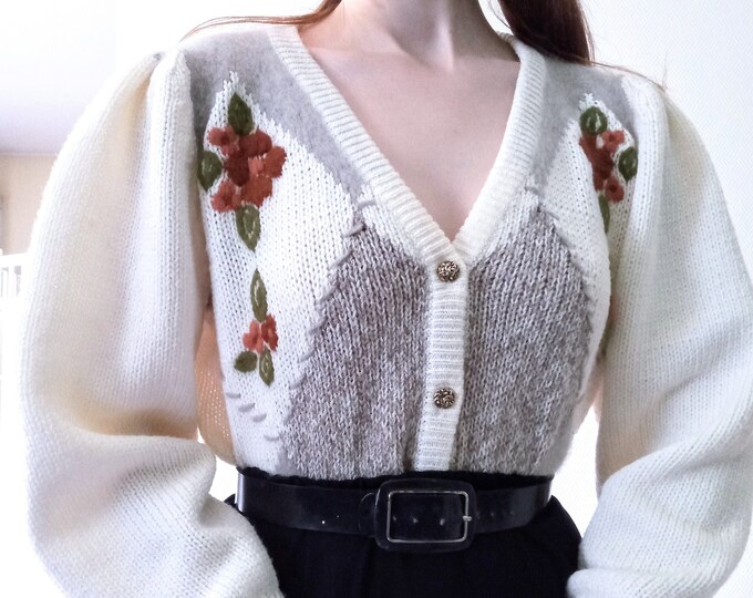 Vintage 80s vest T44 Austrian style embroidered puff sleeves //Vintage 1980's XXL puffing sleeves Austrian style cardigan