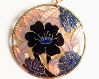 Broche et pendentif vintage années 70 en émail fleur style art nouveau// Vintage 1970's Art nouveau floral enamels pendant and brooch