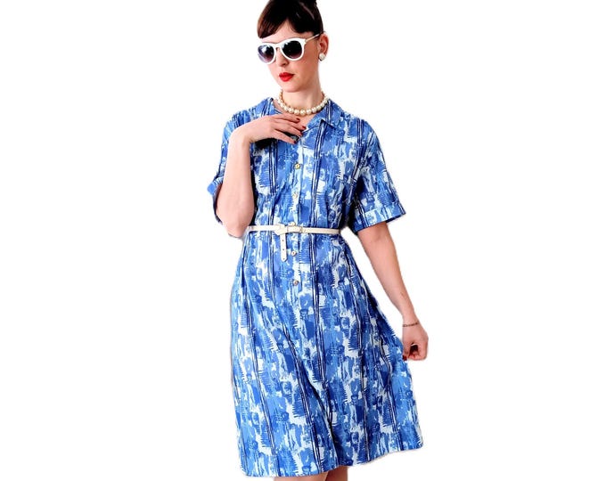 Plus Size Retro Blue Dress - 50s Pin-Up Style - Graphic Prints - Vintage 80s- 4×L/5×L