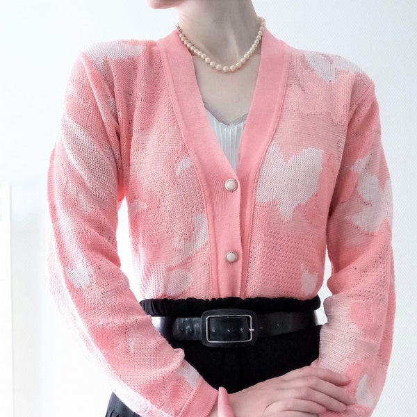 Gilet ajouré vintage années 80 T40/42 fleurie rose saumon // Vintage 1980's L/XL pink salmon openwork cardigan