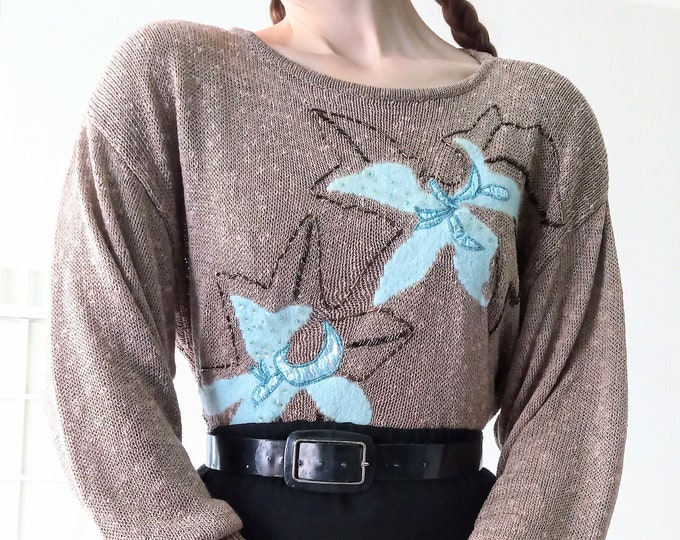 Vintage 1980's sweater T42/44 embroidered floral dark beige// Vintage 1980's XL/XXL embroidered floral dark beige jumper