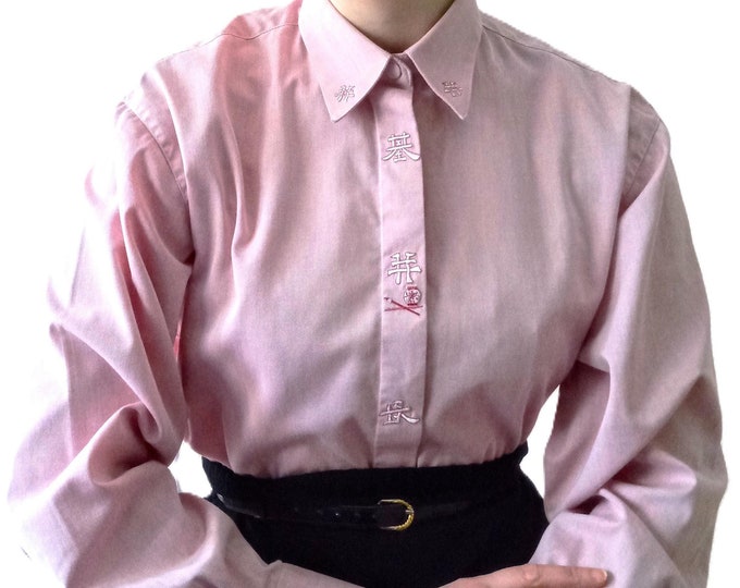 Chemisier grande taille rose broderie lettres chinoises coton années 80 kawaii cottage classique T46/48