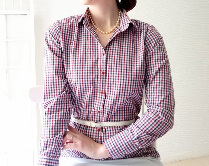 Retro blouse vichy cotton tiles// Retro gingham plaid cotton shirt