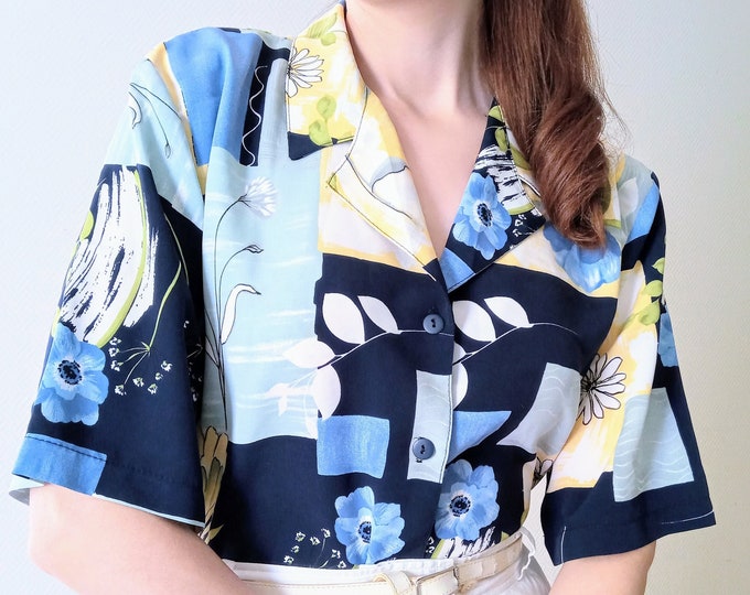 Vintage 90s blouse LARGE SIZE floral geometric// Vintage 1990's does 50's Plus size floral geometric blouse