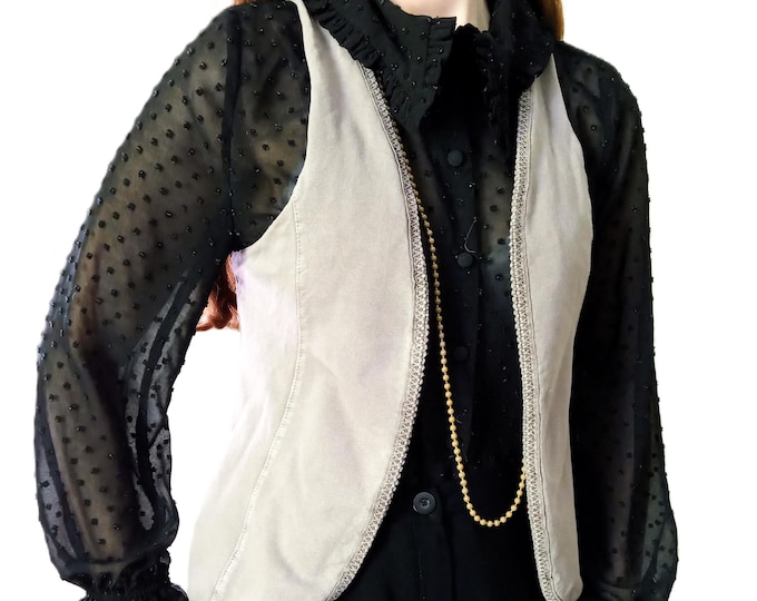 Gilet sans manches gris vintage – Style hippie bohème seventies – Années 90 – Fabriqué en Italie – Taille S/M (36/38)