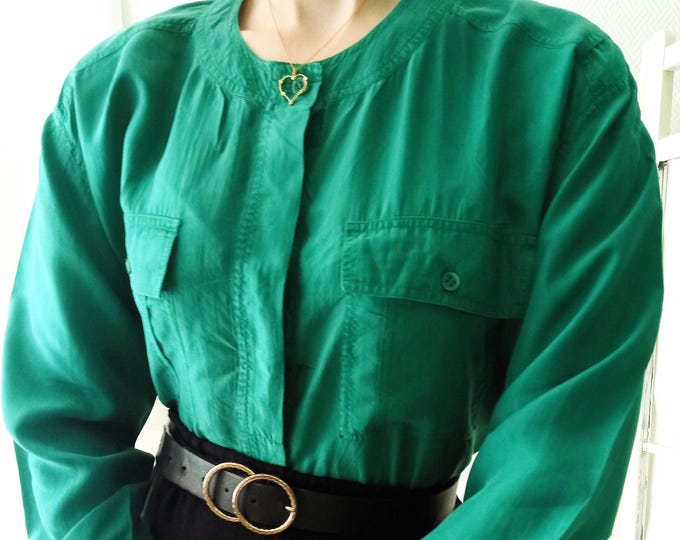 Chemisier grande taille 100% soie - Blouse vert émeraude vintage 80s style saharienne - Haut oversize soie XXXL (46)