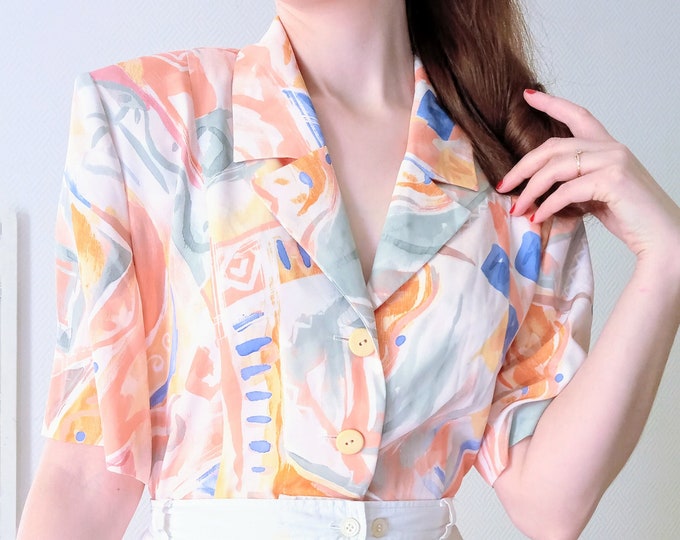 Vintage 90s blouse T48/50 orange geometric// Vintage 1990's Plus size orange geometric blouse