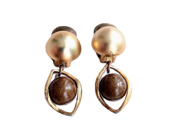 Vintage Dangle Earrings – Timeless Elegance Chic Retro – Gold & Wood Jewelry – Vintage 80s