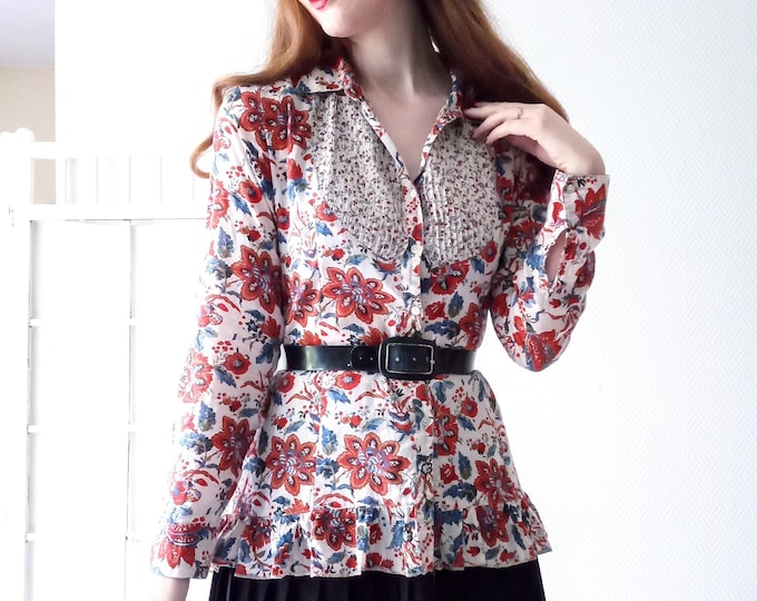 Vintage 1990's blouse T40/42 floral cotton frilly blouse // Vintage 1990's L/XL cotton floral frilly blouse