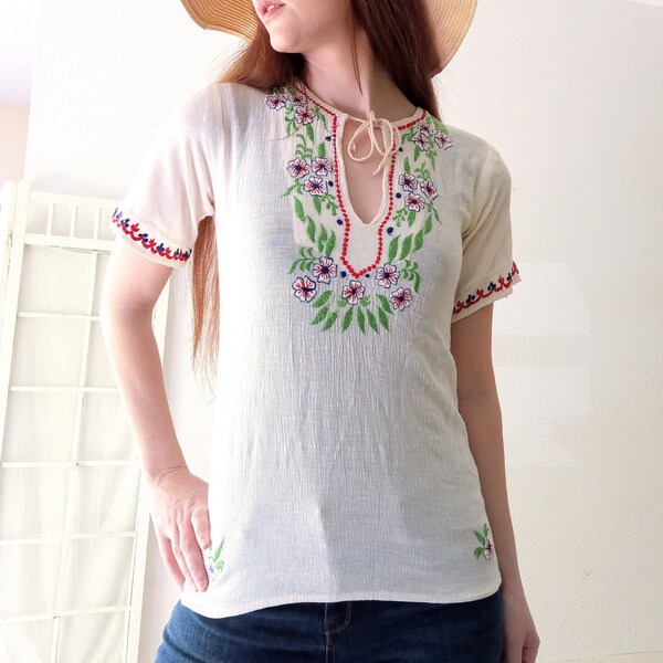 Tunique vintage années 90 T36/38 hippy brodée style années 70 // Vintage 1990's does 70's S/M embroidered blouse