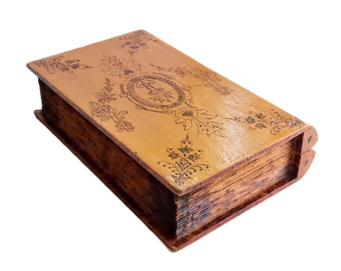 Book shape Wood Secret Box - Engravings Symbols Flowers - Vintage 70s French - Cottage Victorian Edwardian Retro Nostalgic Style Unique Gift