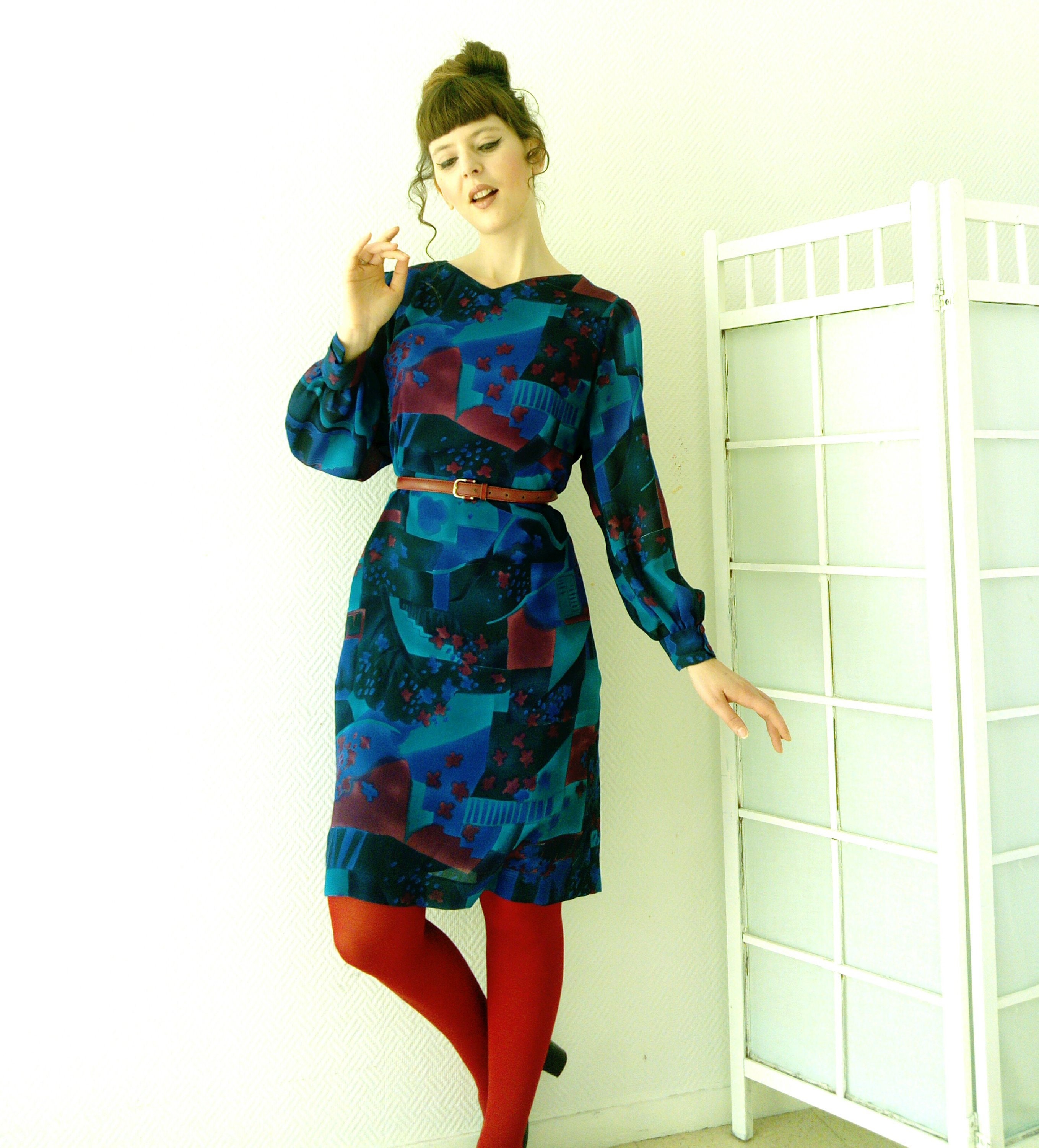 Blue psychedelic dress 70s style's / 70's style blue plsychedelic dress