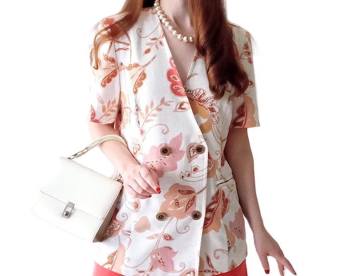 Women Short Sleeve Floral Blazer - Vintage 80s - Classic Women's Jacket - Old Money, Classic Style - XL