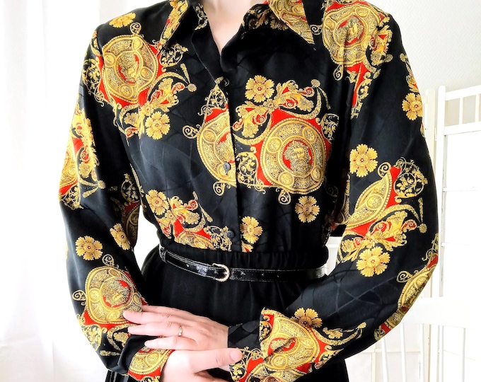 Chemisier Grande Taille Baroque Vintage Christine Laure - Motif Médaillon Doré et Rouge - Fabriqué en France - 5×L/6×L (50/52)
