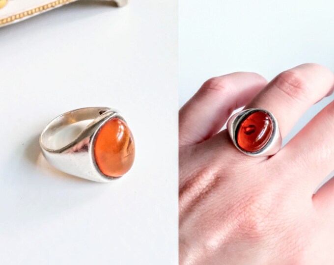 Vintage 1990's amber and silver ring// Vintage 1990's amber silver ring