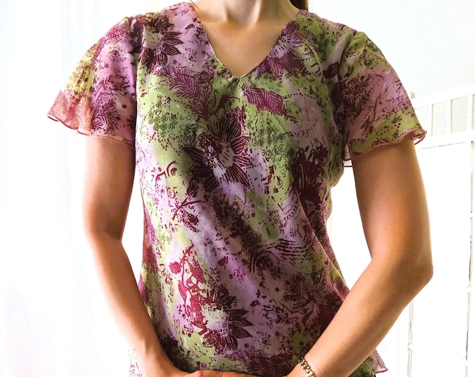 Top en voilage imprimé doublé vert et rose vintage 2000s Daxon L (40)