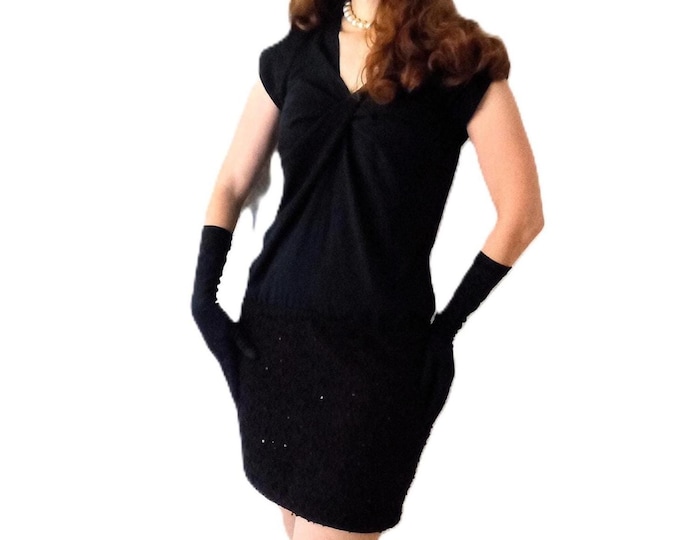 Robe de Soirée Noire à Sequin – Jupe tweed – Esprit années 60 – Robe festive élégante - M/L (38/40)