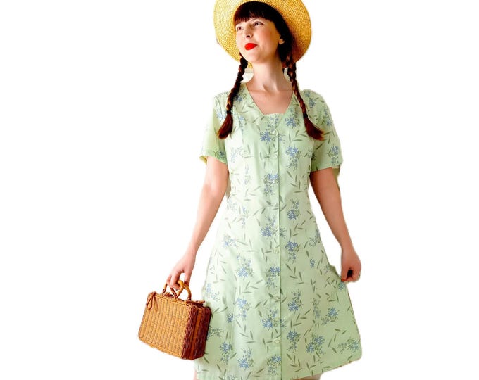 Robe Années 90 Esprit 40s – Vert Amande & Fleurs Bleues – Coton – XXL (44)