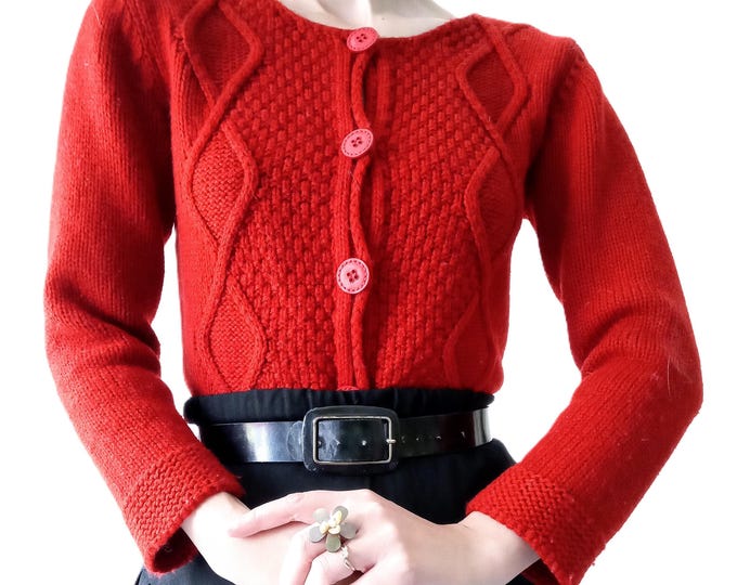 Retro Red Twisted Knits Cardigan - Classic, Timeless - Vintage 90s - M/L