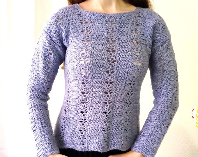 Pull Violet Crochet Fait Main Vintage 70s | Esprit Rétro 30s 40s | Maille Ajourée Boho | Gilet Vintage Artisanal Violet | S/M (36/38