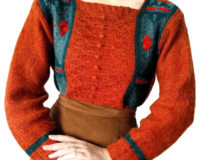 Pull-over Laine Mohair Tricoté Main - Couleurs Automnales Orange & Vert - Vintage Années 80 - Style Rétro Cottage - XXL (44)