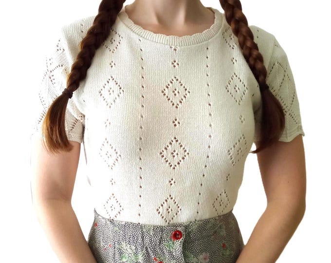Crochet White Short Sleeve Sweater – Openwork – 80s – Retro Vintage Classic – Size L