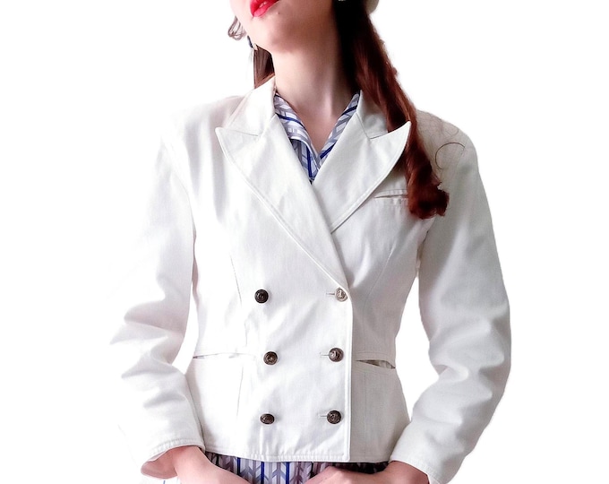Retro White Short Blazer for Women - 1940s Inspired - Old Money Style - 90s Vintage - Size S