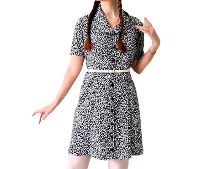 Robe d'Eté Rétro Courte Floral - Bleu marine et Blanc - Esprit Années 70 Babydoll Lolita - Vintage Années 80 - Taille L/XL (40/42)
