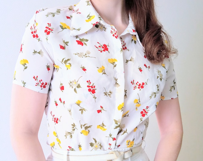 Vintage 90s blouse T36 floral curved 40s style// Vintage 1990's does 40's S floral curved blouse