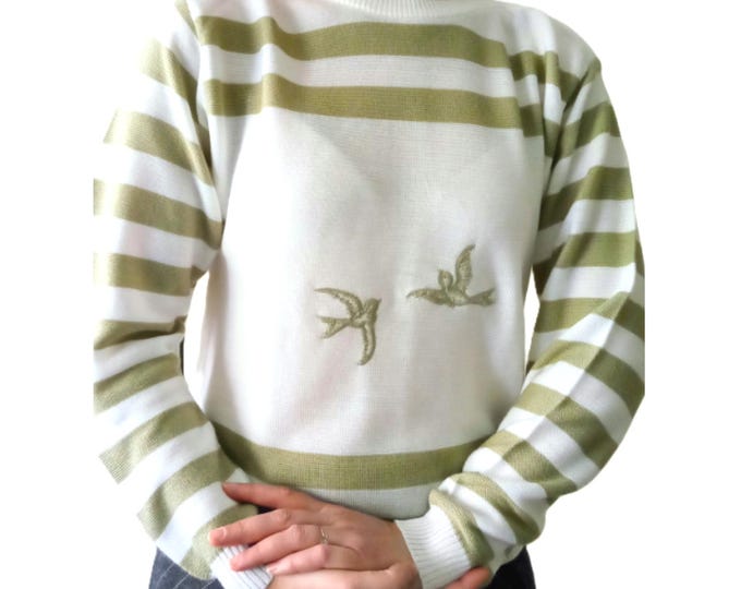 Vintage green & white striped sweater 80s – Made in France - Retro embroidered bird sweatshirt – XL (42)