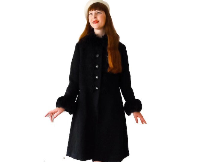 Manteau Noir Penny Lane Vintage Années 60/70 - Fausse Fourrure - Style Bohème Hippie - M/L (38/40)