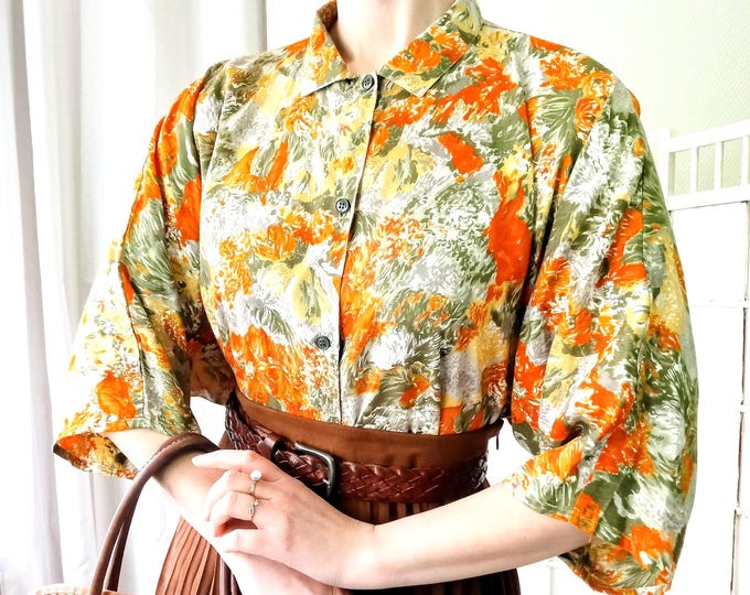 Chemisier Grande Taille Vintage - Motif Floral Orange Vert - 100% Viscose - T54 (6×L)