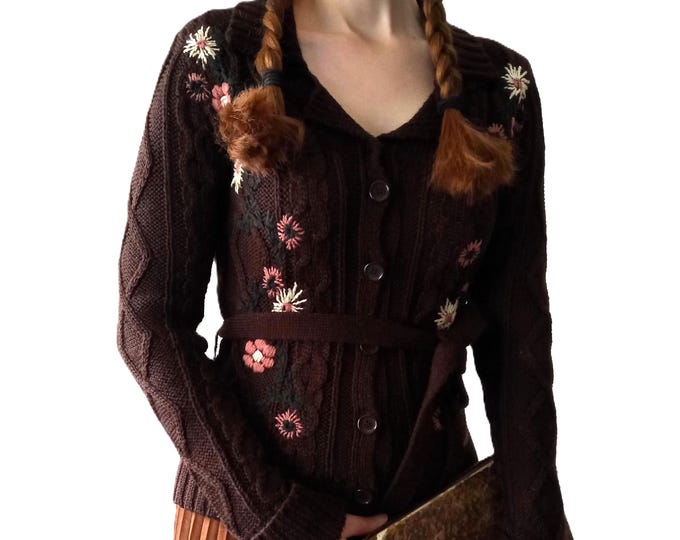 Gilet Marron Brodé Floral Tyrolien - Pepe Jeans Vintage Années 90 - Esprit Rétro Cottage Romantique - S/M (36/38)