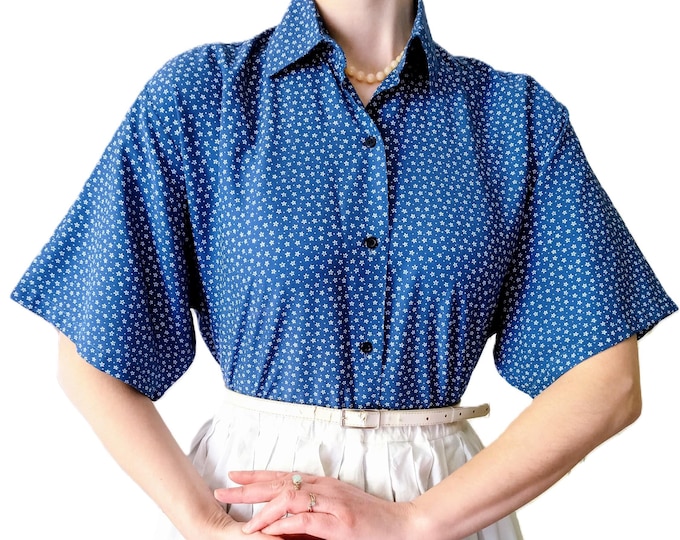 Chemisier Vintage AL'SON Paris Grande Taille - Motif Petites Fleurs & Pois - Style Années 40/50 - Bleu et Blanc - XXXL (46)